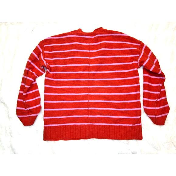 Loft Marled Texture, Coral & Pink Striped, Women's Medium V-Neck Sweater - Picture 2 of 5